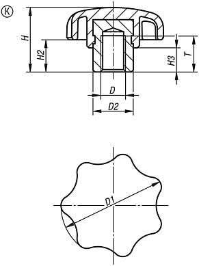 Empuñaduras en estrella de plástico detectables por metal con casquillo de acero saliente, forma K, con casquillo roscado