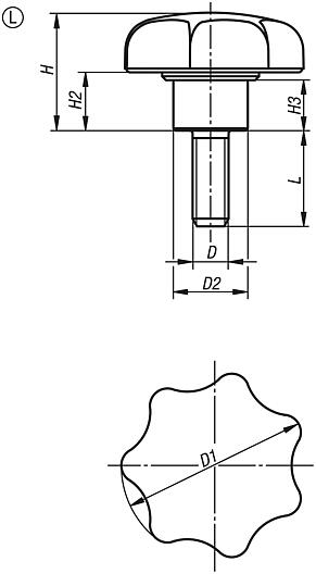 Empuñaduras en estrella cruz de plástico detectables visualmente con casquillo de acero saliente, forma L, con rosca exterior