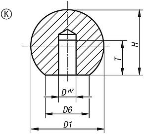 Botones esféricos de acero inoxidable o aluminio DIN 319, forma K con perforación