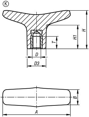 Empuñadura en T de plástico, forma K, rosca interior