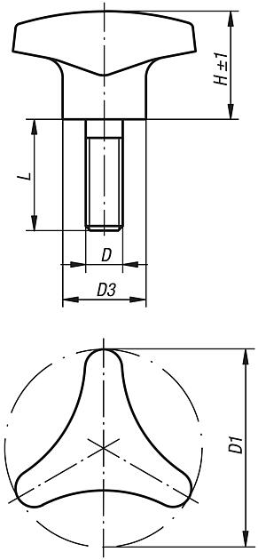 Empuñaduras de estrella de tres picos con collar elevado, rosca exterior