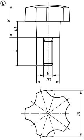 Empuñaduras en estrella de cinco picos de plástico (Duroplast), inserto roscado de acero con rosca exterior