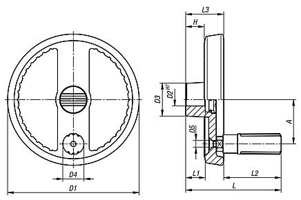 Ruedas de mano de dos radios de aluminio con empuñadura cilíndrica giratoria, forma C, con agujero de referencia y chavetero