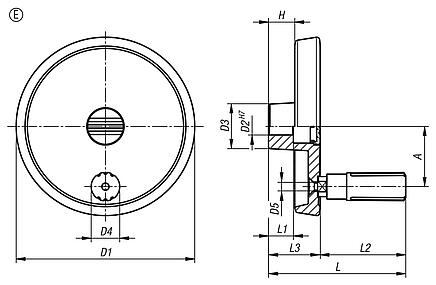 Volantes de disco de aluminio con empuñadura cilíndrica giratoria, forma E, con agujero de referencia