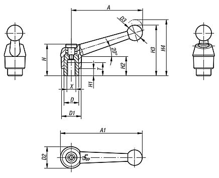 Palancas de sujeción con rosca interior, partes de acero inoxidable, pulgadas