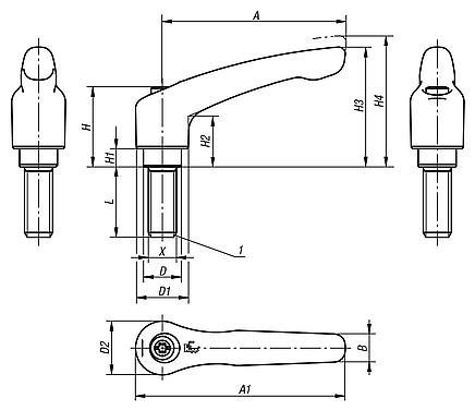 Palancas de sujeción de acero inoxidable con rosca exterior, pulgadas