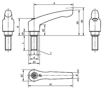 Palancas de sujeción con rosca exterior, partes de acero inoxidable, pulgadas