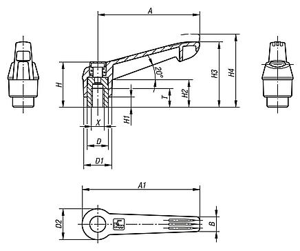 Palancas de sujeción con botón pulsador con rosca interior, partes de acero inoxidable, pulgadas