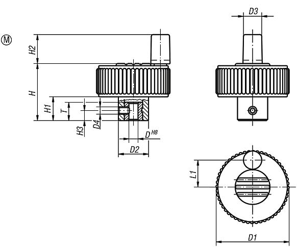 Moletas con empuñadura, forma M, con perforación transversal y tornillo de sujeción