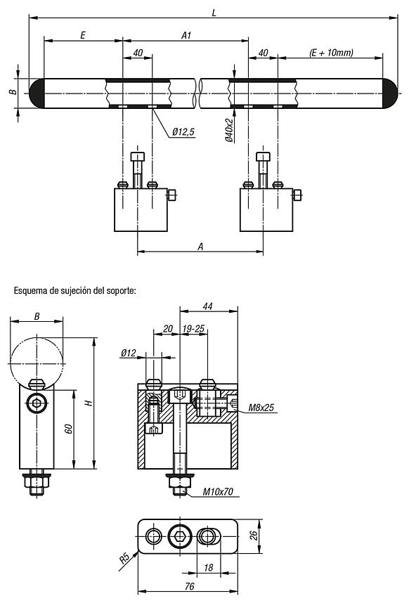 Empuñaduras de tubo de acero inoxidable con soporte de tubo de aluminio