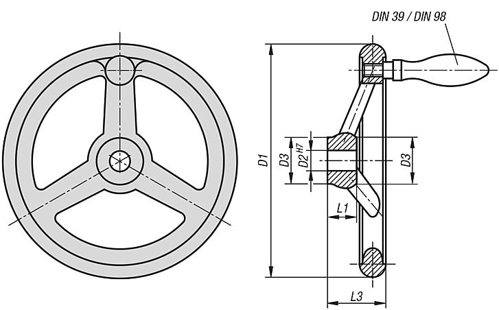 Volantes DIN 950 de aluminio con empuñadura bombeada giratoria - inch