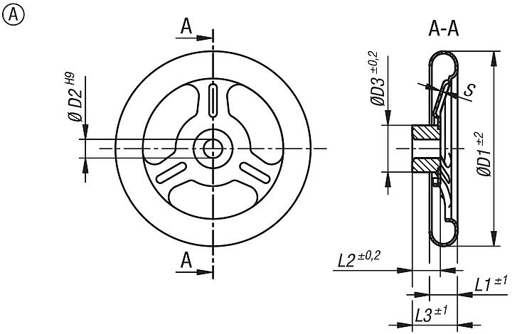 Volantes de chapa de acero, forma A, 3 radios