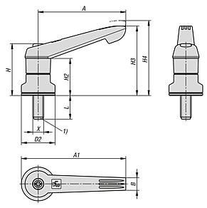 Palancas de sujeción de plástico con rosca exterior e intensificador de fuerza de sujeción, inserto roscado de acero inoxidable