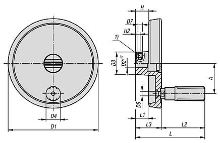 Volantes de disco de aluminio con empuñadura cilíndrica giratoria, forma A, con agujero de referencia y perforación transversal