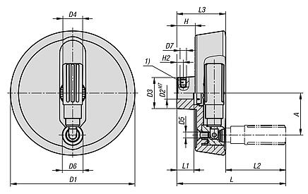 Volantes de disco de aluminio con empuñadura cilíndrica plegable, forma A, con agujero de referencia y perforación transversal