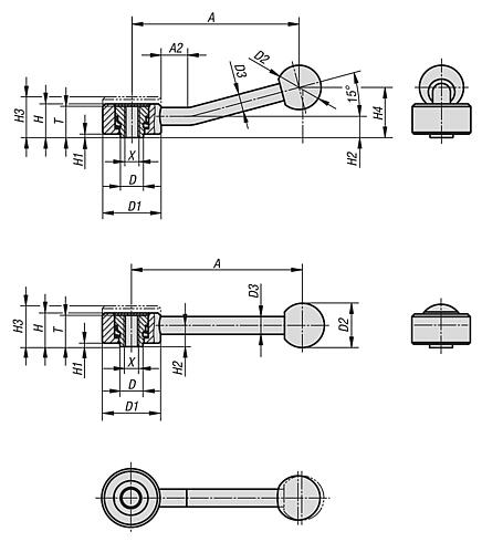 Palancas tensoras, planas con rosca interior, pulgadas