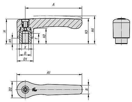 Palancas de sujeción plana con rosca interior, partes de acero inoxidable, pulgadas