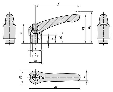 Palancas de sujeción de acero con rosca interior, pulgadas