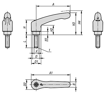 Palancas de sujeción de plástico ergonómicas con rosca exterior, inserto roscado de acero pasivado en azul