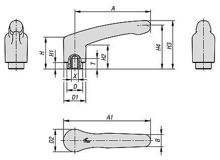 Palancas de sujeción de plástico detectables por metal con rosca interior