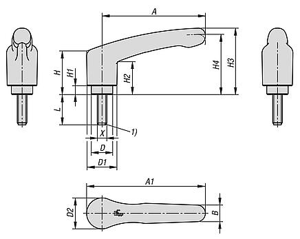 Palancas de sujeción de plástico detectables por metal con rosca exterior