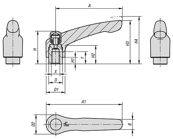 Palancas de sujeción con tapa protectora y rosca interior, mate estructurado, pulgadas