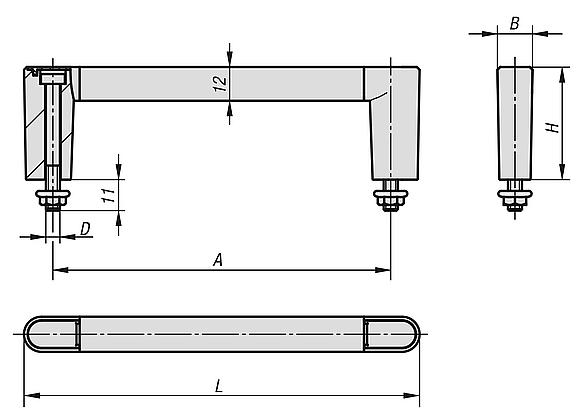 Empuñaduras curvas de aluminio con punta de empuñadura de plástico y tapa, montaje por el lado de uso