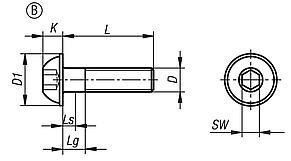 Tornillos con cabeza semicircular aplanada con hexágono interior y collar DIN EN ISO 7380-2, forma B