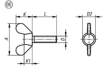 Tornillos de orejetas, forma DE, forma alemana similar a DIN 316