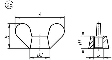 Tuercas de mariposa, forma DE, forma alemana similar a DIN 315