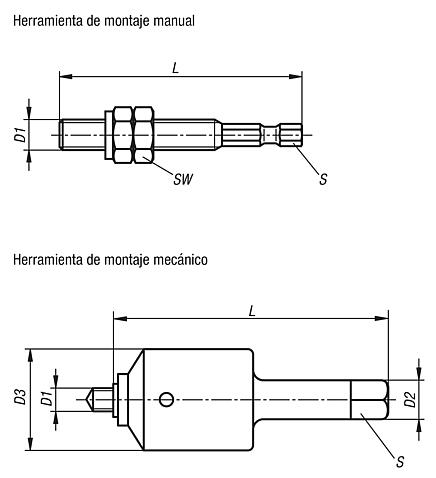 Herramientas de montaje para insertos roscados autorroscantes