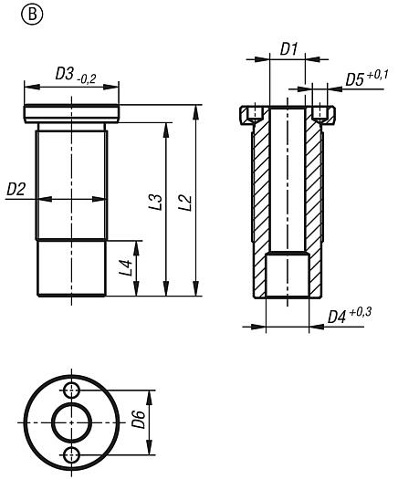 Casquillos receptores para perno portador esférico, acero inoxidable, plano, forma B
