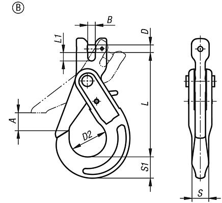 Gancho de carga de seguridad con cabeza de la horquilla, Forma B, clase de calidad 10