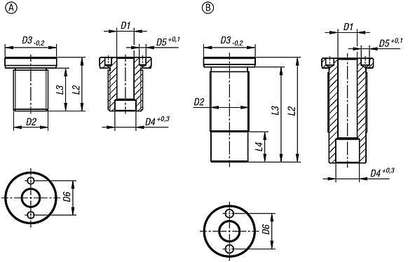 Casquillos receptores para perno portador esférico, acero inoxidable, plano