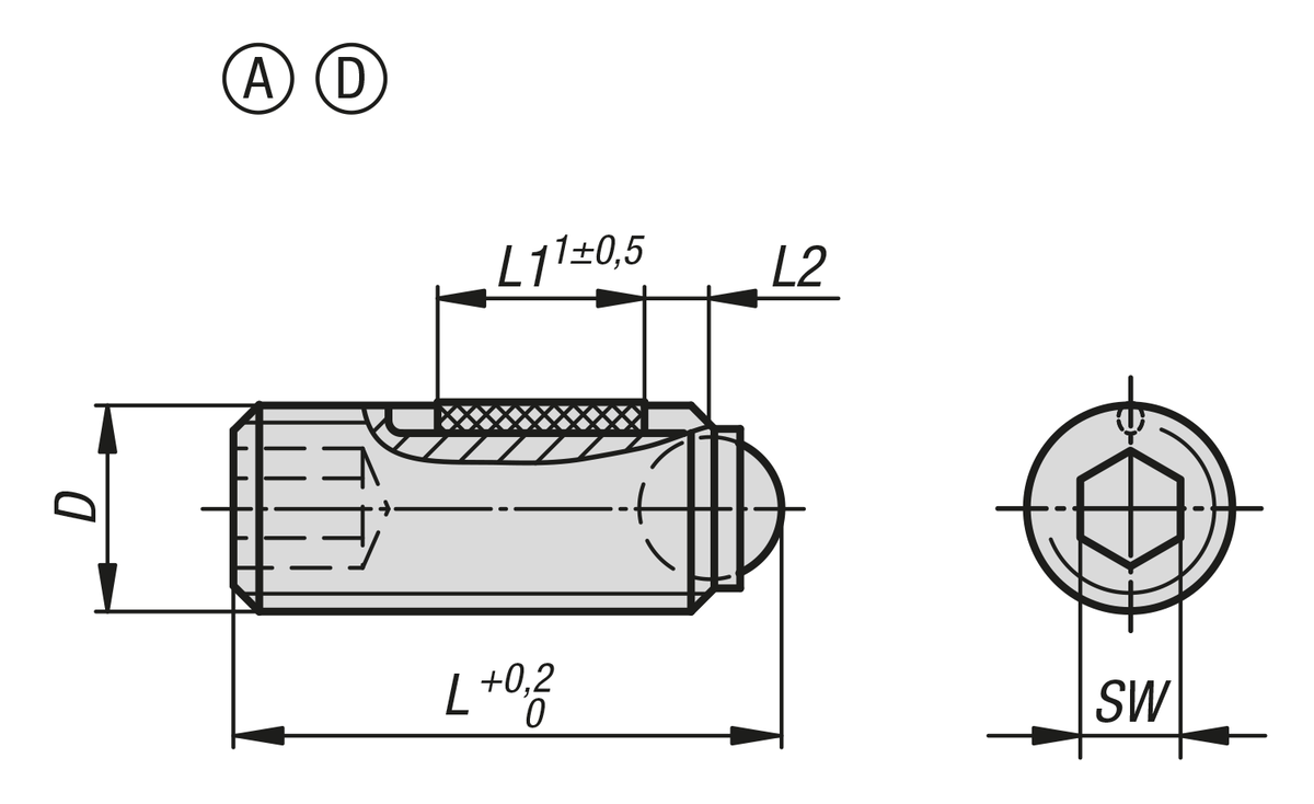 Tornillos de presión esféricos sin cabeza y con bola completa, con seguro roscado