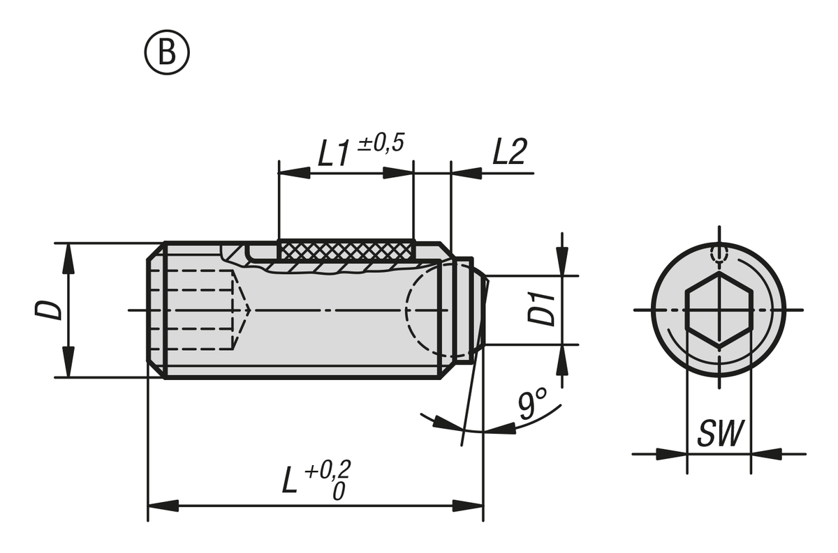 Tornillos de presión esféricos sin cabeza y con bola aplanada, con seguro roscado