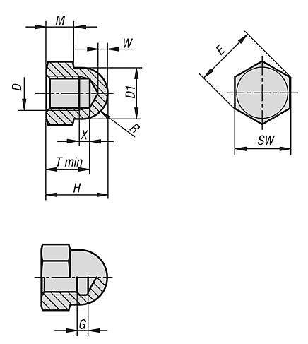 Tuercas de sombrerete hexagonales, versión alta DIN 1587 de acero o acero inoxidable