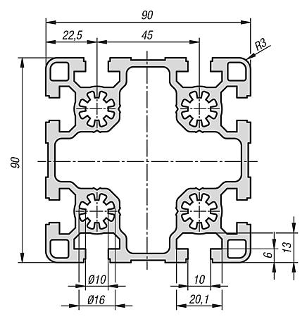 Perfiles de aluminio 90x90 ligeros Tipo B