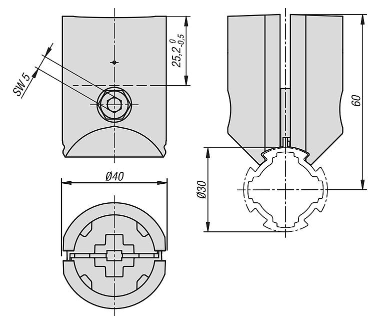 norelem Conectores en T Ø30 de tipo I con protección contra torsión