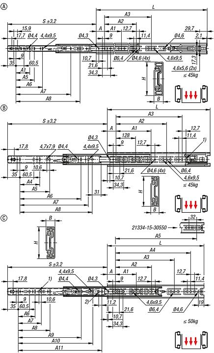 Carriles telescópicos de acero para montaje lateral, extensión completa, capacidad de carga hasta 50 kg