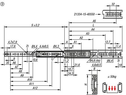 Carriles telescópicos de acero
para montaje lateral, extensión completa, capacidad de carga hasta 50 kg, forma D