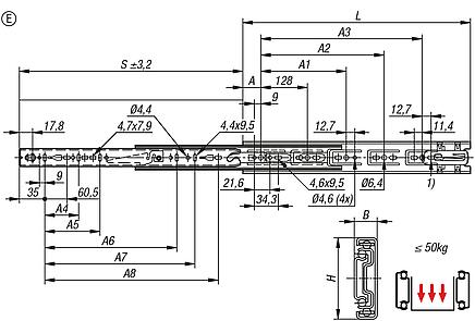 Carriles telescópicos de acero
para montaje lateral, extensión completa, capacidad de carga hasta 50 kg, forma E