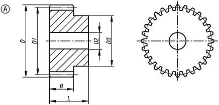 Ruedas dentadas cilíndricas de acero, módulo 1,5, dentado fresado, dentado recto, ángulo de presión de 20°, forma A, con cubo