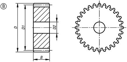 Ruedas dentadas cilíndricas de acero, módulo 2,5, dentado fresado, dentado recto, ángulo de presión de 20°, forma B, sin cubo