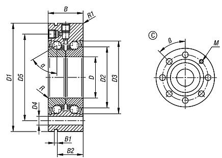 Rodamientos oblicuos de bolas axial de acero de doble hilera, con brida, forma C