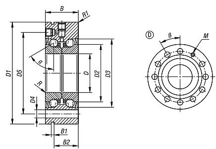 Rodamientos oblicuos de bolas axial de acero de doble hilera, con brida, forma D