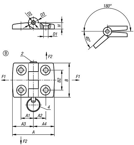 Bisagras de plástico, separables, desmontables, forma B, con perno/ cabeza y ojo de llave