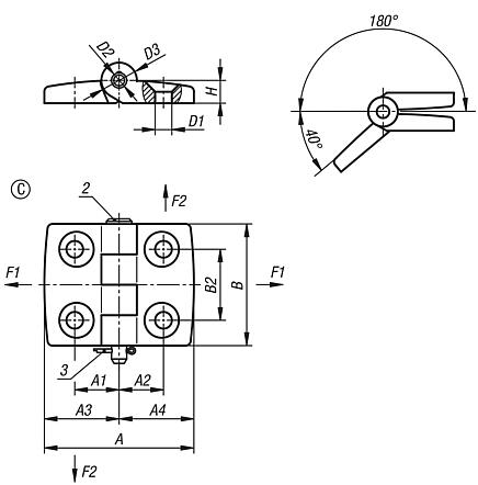 Bisagras de plástico, separables, desmontables, forma C, con perno/ cabeza y albura