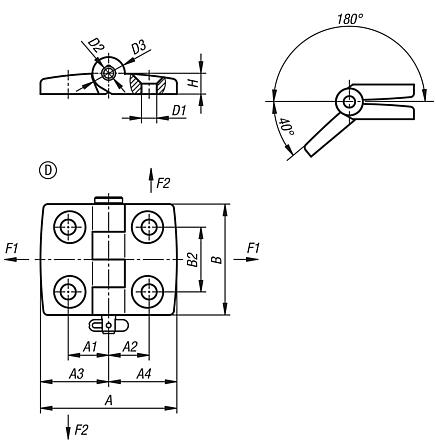 Bisagras de plástico, separables, desmontables, forma D, con perno insertable/ fiador abatible