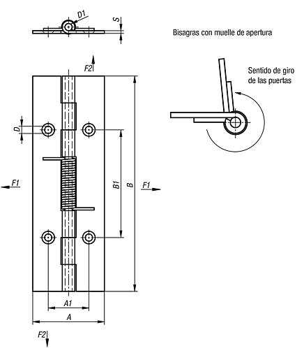 Bisagras elásticas de acero, acero inoxidable o aluminio, 120 mm, muelle de apertura